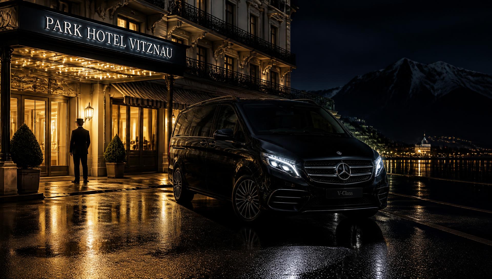 Schwarze Mercedes V-Klasse vor einem Schweizer Grandhotel bei Nacht